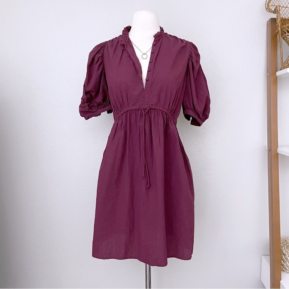 Burgundy Structured Puff Sleeve Mini Dress